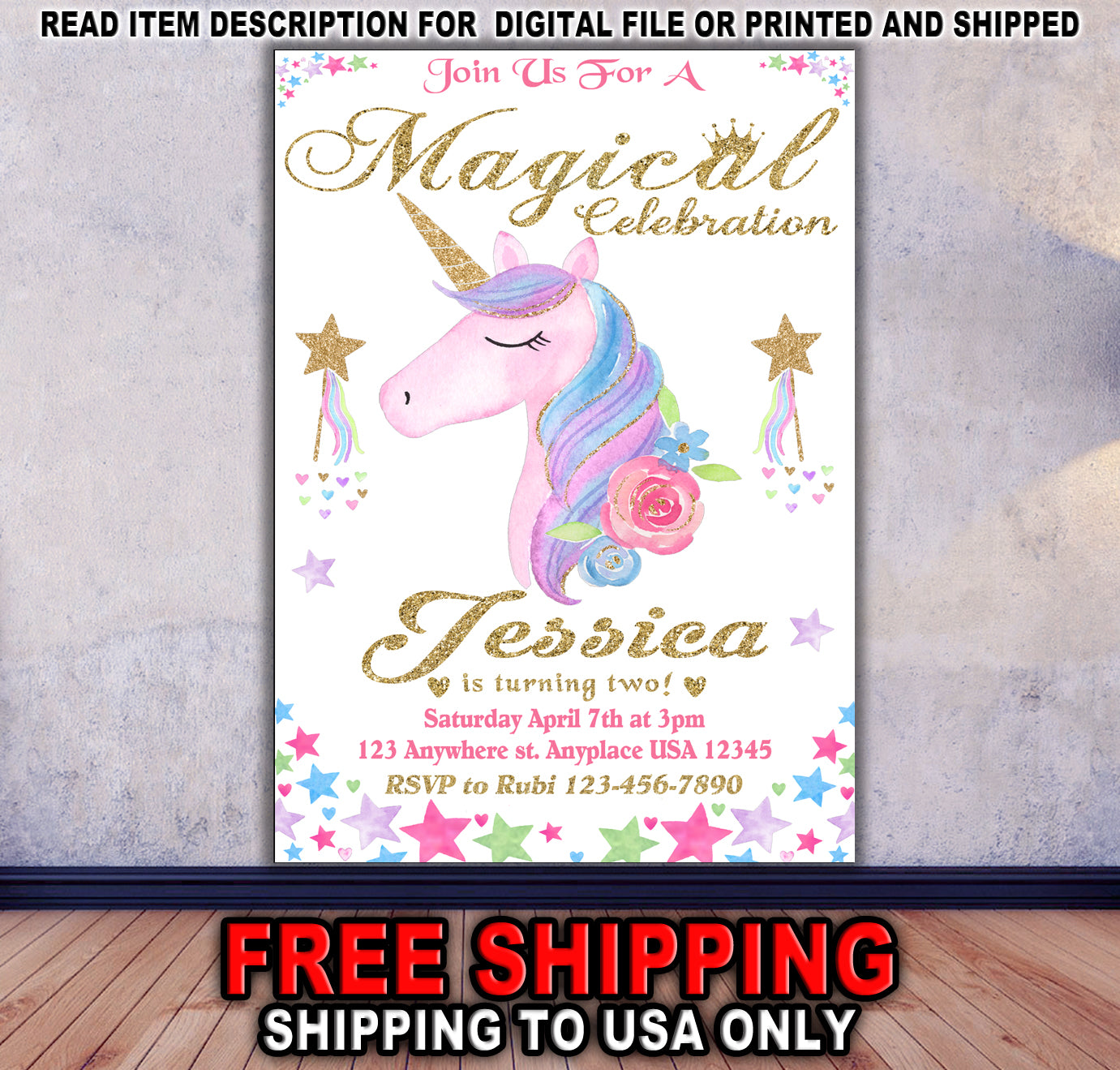 Unicorn Birthday Invitation, Unicorn Baby Shower Invitation, Unicorn Floral Invitation, Unicorn Glitter Invitation, Unicorn watercolor Invitation, Unicorn Pastel Invitation, Unicorn Custom Invitation