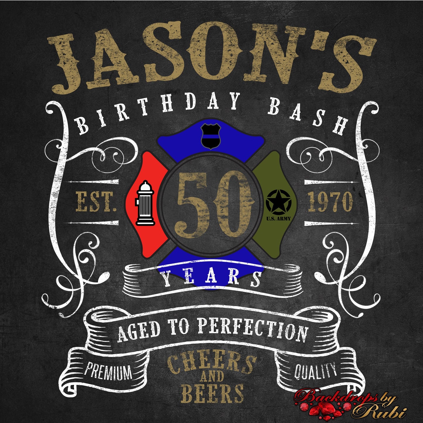 50th Birthday Firemen Backdrop, Police Backdrop, Cheers and Beers Backdrop , Vintage 50th Birthday, 50th birthday Backdrop, Army Backdrop