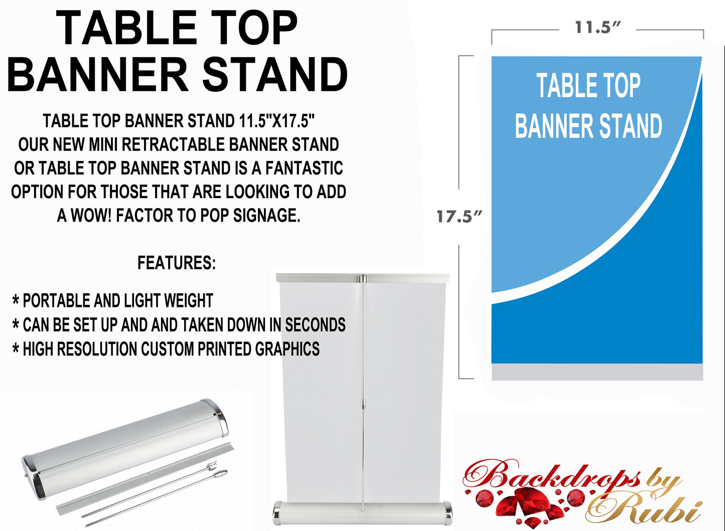 Table Top Banner Stand, Logo Step and Repeat Business Event Banner, Trade Show Banner, Pop Up Shop, Retractable Banner Table Banner