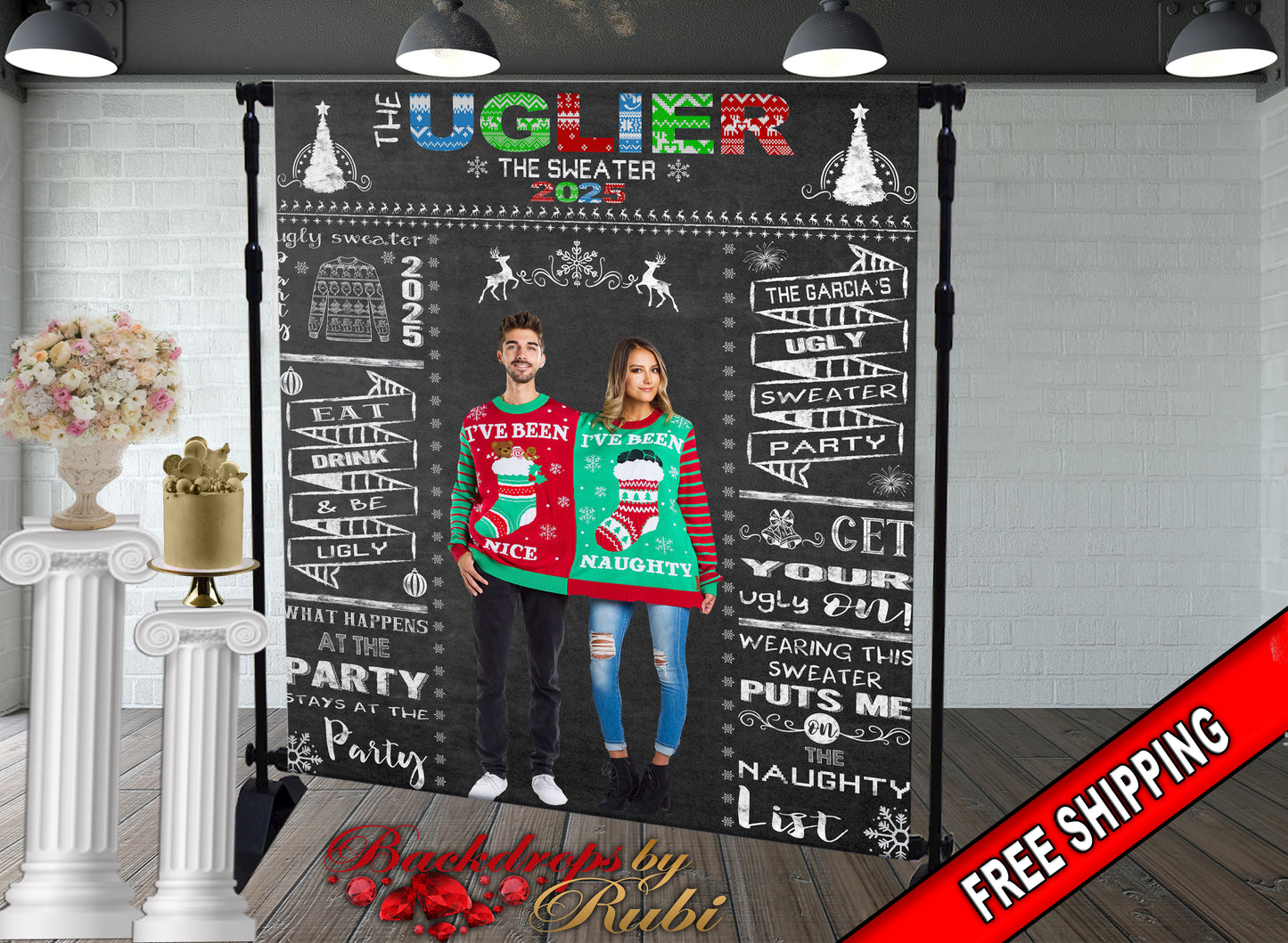 Ugly Sweater Holiday Party Photo Booth Backdrop, Ugly Sweater Party Backdrop, Festive backdrop, Ugly Sweater Banner