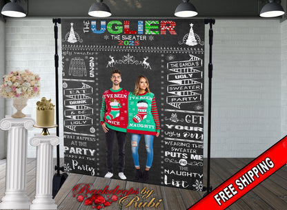 Ugly Sweater Holiday Party Photo Booth Backdrop, Ugly Sweater Party Backdrop, Festive backdrop, Ugly Sweater Banner