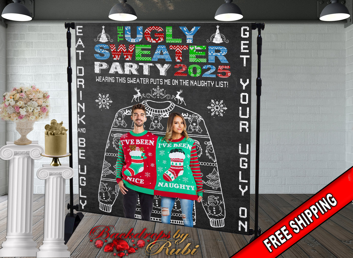 Ugly Sweater Holiday Party Photo Booth Backdrop, Ugly Sweater Party Backdrop, Festive backdrop, Ugly Sweater Banner