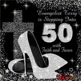 High Heels Cross, Birthday Backdrop, High Heels Silver Backdrop, Birthday Party Background, 50th Birthday Step and Repeat, High Heels Glitter