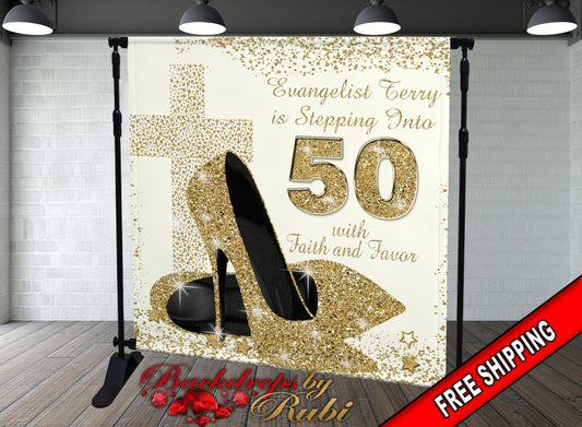 High Heels Cross, Birthday Backdrop, High Heels Gold Backdrop, Birthday Party Background, 50th Birthday Step and Repeat, High Heels Glitter