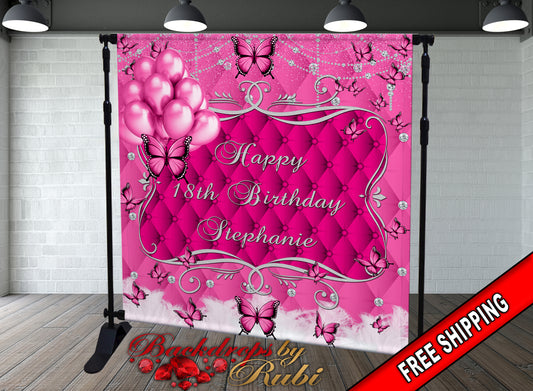 Birthday Backdrop, Custom Photo Birthday Backdrop, 21st Birthday Backdrop, Birthday Banner, Photo Birthday Backdrop, Butterfly Backdrop