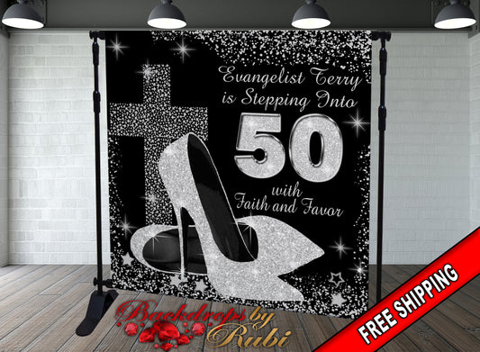 High Heels Cross, Birthday Backdrop, High Heels Silver Backdrop, Birthday Party Background, 50th Birthday Step and Repeat, High Heels Glitter