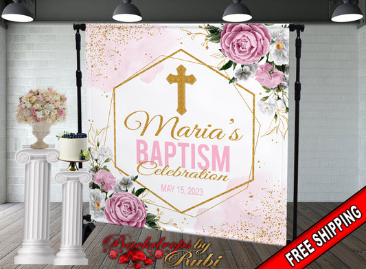 Baptism Backdrop, Baptism Banner, Communion Backdrop, Communion Banner, First Communion Backdrop, Floral Baptism, Christening Backdrop