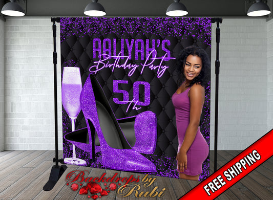 High Heels Backdrop, High Heels Birthday Backdrop, High Heel Shoe Stiletto Backdrop, Fabulous Birthday Backdrop, High Heels Glitter Purple