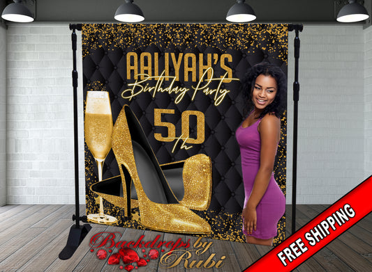 High Heels Backdrop, High Heels Birthday Backdrop, High Heel Shoe Stiletto Backdrop, Fabulous Birthday Backdrop, High Heels Glitter Gold