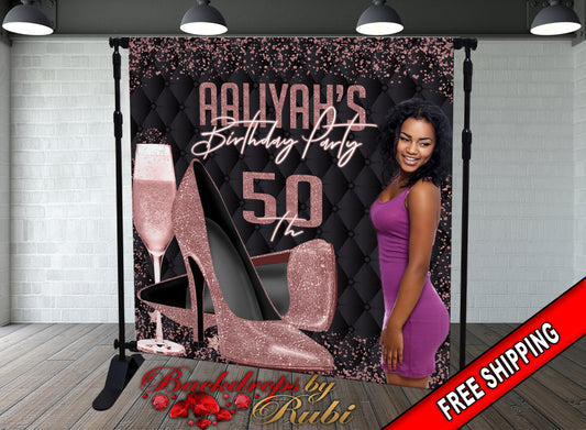 High Heels Backdrop, High Heels Birthday Backdrop, High Heel Shoe Stiletto Backdrop, Fabulous Birthday Backdrop, High Heels Glitter Rose Gold