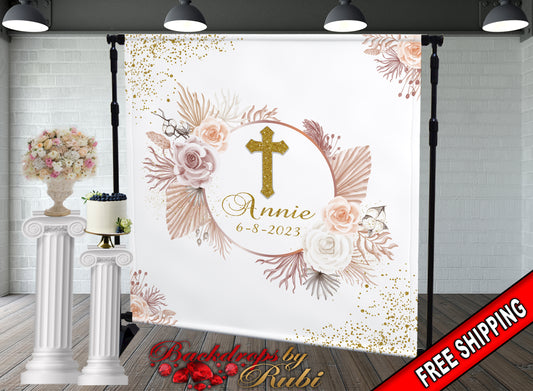 Baptism Backdrop, Baptism Banner, Communion Backdrop, Communion Banner, First Communion Backdrop, Floral Baptism, Christening Backdrop