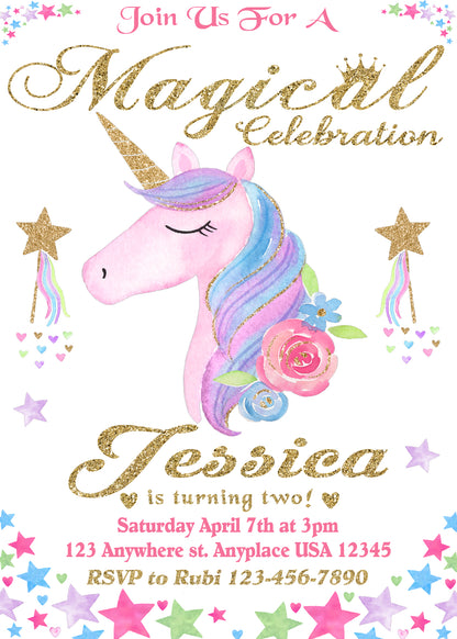Unicorn Birthday Invitation, Unicorn Baby Shower Invitation, Unicorn Floral Invitation, Unicorn Glitter Invitation, Unicorn watercolor Invitation, Unicorn Pastel Invitation, Unicorn Custom Invitation