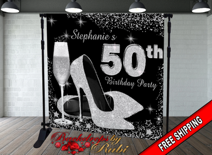 High Heels Backdrop, High Heels Birthday Backdrop, High Heel Shoe Stiletto Backdrop, Fabulous Birthday Backdrop, High Heels Glitter Silver