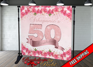 50th Birthday Backdrop, Floral Rose Gold Backdrop, Birthday Party Background, 50th Birthday Step and Repeat, Floral Glitter Backdrop