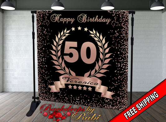 50th Birthday Backdrop, Wreath Backdrop, Birthday Gold Backdrop, Birthday Party Background, Wreath Gold Backdrop