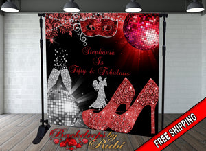 Disco Ball Birthday Backdrop, High Heels Red Backdrop, Birthday Party Background, 50th Birthday Step and Repeat, High Heels Glitter