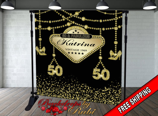 50th Birthday Backdrop, High Heels Gold Backdrop, Birthday Party Background, 50th Birthday Step and Repeat, High Heels Glitter